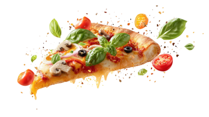 Template with delicious tasty slice of pepperoni pizza flying on white background. 