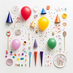 Flat lay of colorful party decorations including balloons hats and confetti on white background
