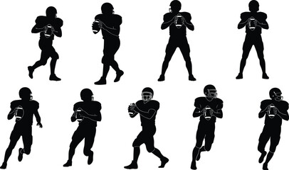 American football quarterback silhouettes, throwing, running, ball handling, black icons, athlete poses, sports action, flat vector illustration © MdNaimurRahaman