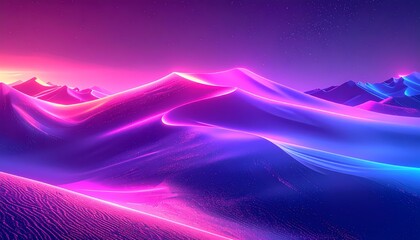 Vibrant Neon Desert Dunes at Sunset with Glowing Pink and Blue Hues.
