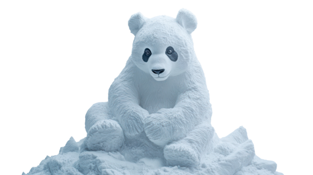 Snow sculpture of a panda sitting ultra realistic high resolution on transparent background