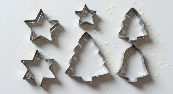 Festive Christmas cookie cutters in star tree and bell shapes scattered with flour ready for baking holiday treats
