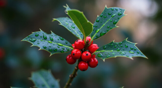 Vibrant red holly berries cluster glistening with fresh water droplets on spiky green leaves, perfect for festive holiday designs - Powered by Adobe