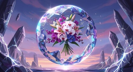 a bouquet of orchids and lilies is suspended inside a floating crystal sphere, shards reflecting rainbow light