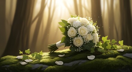 a bridal bouquet of white roses and ivy lies gently on a mossy rock