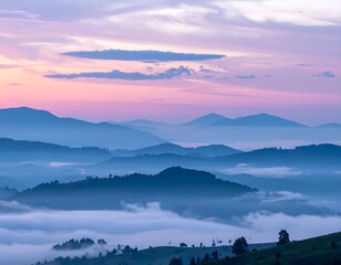 Serene panoramic view of layered mountains and clouds at dusk