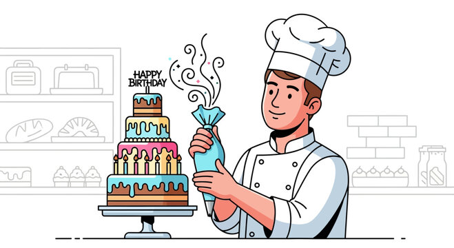 Cheerful pastry chef decorating a tiered Happy Birthday cake in a bakery setting, concept for birthday party invitations, culinary education materials and baking supply advertisements