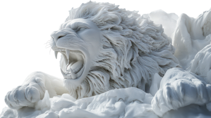 Snow sculpture of a roaring lion ultra realistic high resolution on transparent background