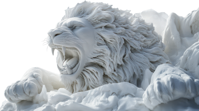 Snow sculpture of a roaring lion ultra realistic high resolution on transparent background
