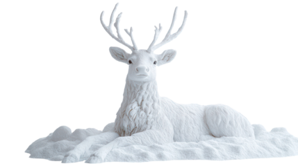 Snow sculpture of a sitting reindeer ultra realistic high resolution on transparent background