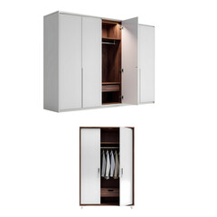  Set of Modern Minimalist White Wardrobes with Dark Wood Open Interior Isolated on White