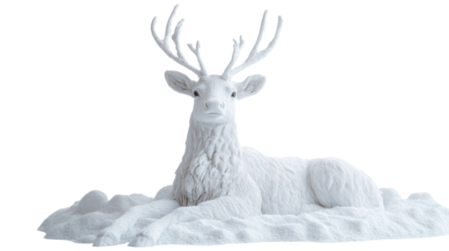 Snow sculpture of a sitting reindeer ultra realistic high resolution on transparent background