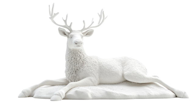 Snow sculpture of a sitting reindeer ultra realistic high resolution on transparent background