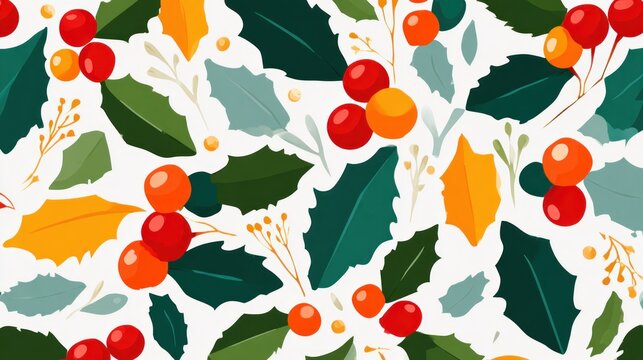 Fototapeta A colorful pattern featuring holly leaves and berries, creating a vibrant and festive design suitable for decorations or seasonal themes.