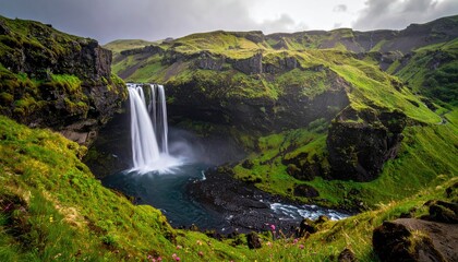 Icelandic waterfall cascading down mossy valley