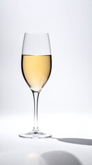 Stemmed wine glass filled with light amber liquid against white background