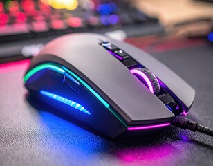 Gray gaming mouse with vibrant RGB lighting