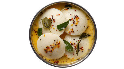 A plate of idli with a small bowl of red sauce and basil garnishings