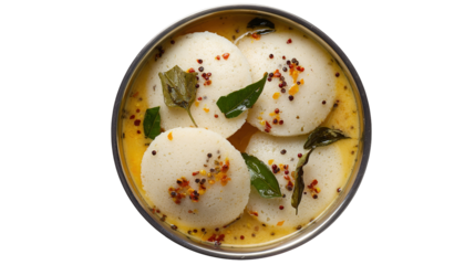 A plate of idli with a small bowl of red sauce and basil garnishings