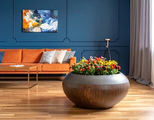 Modern living room with orange couch, blue walls, and vibrant planter