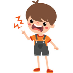 Young Boy with Brown Hair Orange Shirt Dark Overalls and Red Shoes Expressing Anger with Open Mouth and Pointing Finger Energetic Exclamation with Lightning Bolt Symbol on Transparent Background