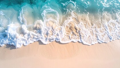 Vibrant Top Down Aerial View of a Curved Sandbar Leading into Shallow Turquoise Tropical Sea with Visible Coral Reefs and Gentle Waves Washing Ashore on a Sunny Day