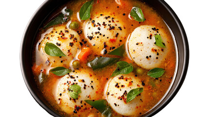 A plate of idli with a small bowl of red sauce and basil garnishings