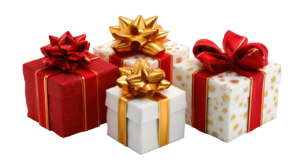 A collection of beautifully wrapped gift boxes in festive colors, adorned with bows and ribbons, perfect for celebrations.