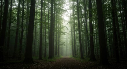 Fototapeta premium A very thick, impenetrable woodland, with tall trees forming a canopy that blocks most sunlight, creating a mysterious atmosphere ,peaceful ,secluded ,vibrant