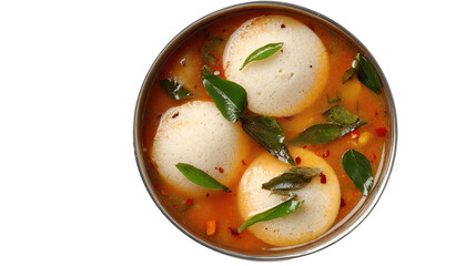 A plate of idli with a small bowl of red sauce and basil garnishings