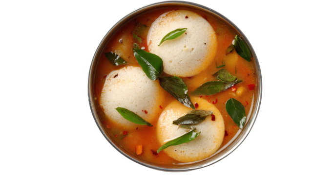 A plate of idli with a small bowl of red sauce and basil garnishings