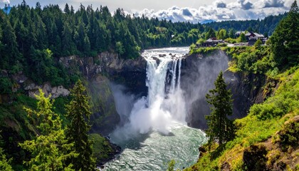 Lush forest surrounds powerful waterfall
