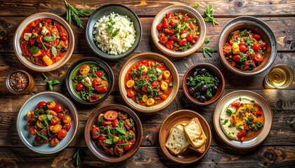Overhead view of various colorful Mediterranean dishes and appetizers arranged on a rustic wooden table with fresh herbs and bread