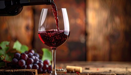 Pouring Dark Red Wine into Crystal Glass with Grapes and Cork on Rustic Wooden Table Top in Moody Studio Lighting