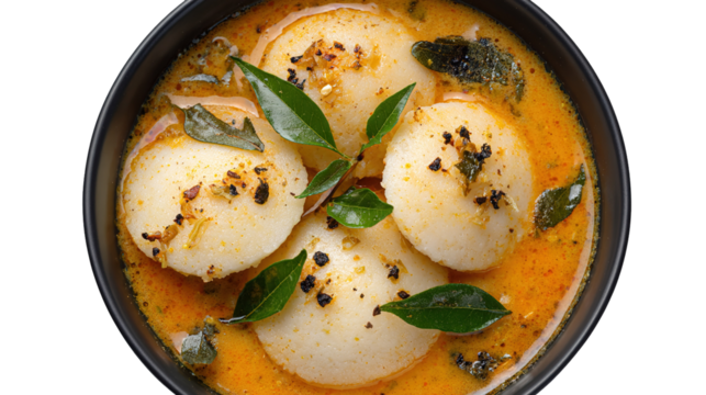 This image shows a bowl of South Indian idlis served with sambar. The idlis are soft, white, round steamed rice cakes placed in a flavorful, spicy lentil-based curry garnished with mustard seeds, curr
