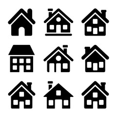 Collection of nine house icons in black color