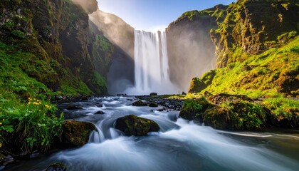 Majestic waterfall cascading down rugged, verdant cliffs