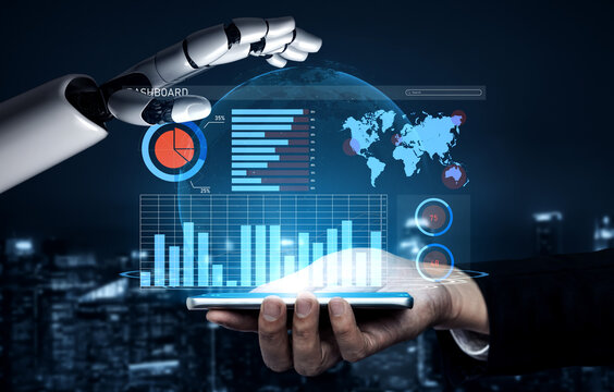 A futuristic scene showcasing a robotic hand interacting with dynamic data visualization on a mobile device. The urban background emphasizes technological advancement and connectivity. Impute