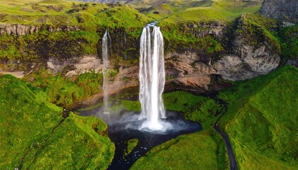 Iceland waterfall, lush valley