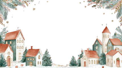 A cozy winter village scene with charming houses and snow-covered trees, framed by festive greenery against a dark background.