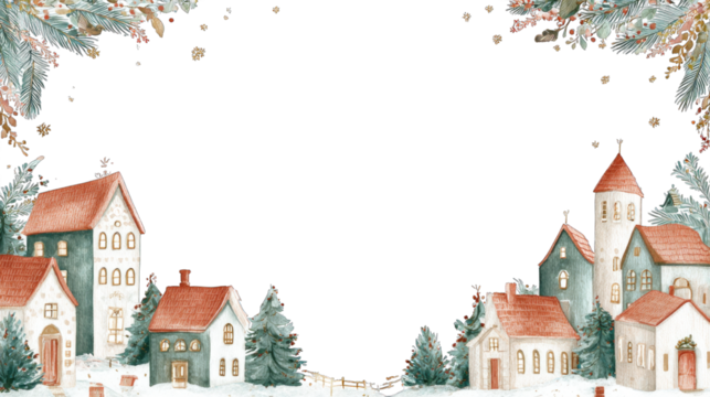 A cozy winter village scene with charming houses and snow-covered trees, framed by festive greenery against a dark background.