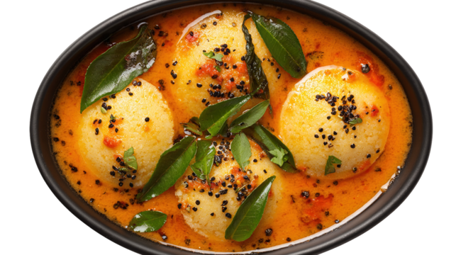 This image shows a bowl of South Indian idlis served with sambar. The idlis are soft, white, round steamed rice cakes placed in a flavorful, spicy lentil-based curry garnished with mustard seeds, curr