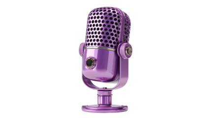 Vintage chrome microphone stands against a bokeh background of purple and orange circular lights