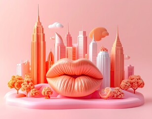 3D city skyline with giant lips