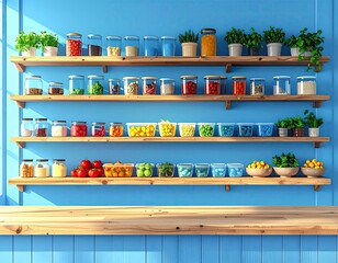 Colorful kitchen shelves with various food items