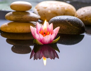 Serene scene with pink flower, stacked stones, and reflection