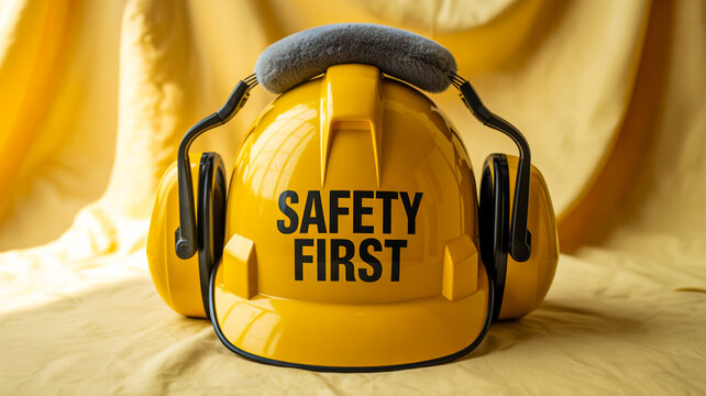 A yellow hard hat with earmuffs attached, displaying the words "SAFETY FIRST" in bold black letters.