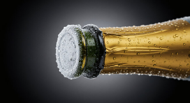 Cold champagne bottle with condensation drops glistening on golden foil, perfect for celebratory occasions and luxury branding