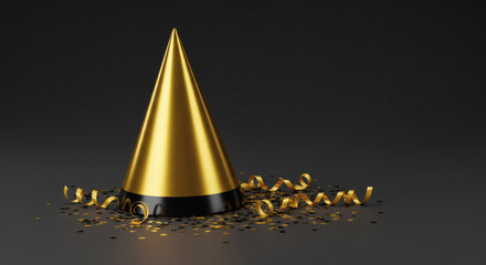 Fototapeta premium Elegant golden party hat with scattered confetti and streamers creates a luxurious celebratory mood perfect for special occasions and festive events