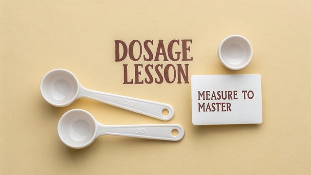 Creative Dosage Lesson with Measuring Spoons and Instructional Card on Yellow Background for Cooking and Baking Preparation